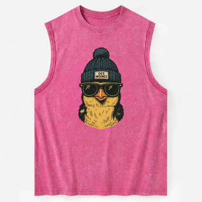 Iowa Goldfinch wearing Des Moines beanie with pom pom and wayfarer sunglasses - Vintage Washed Tank - Pink