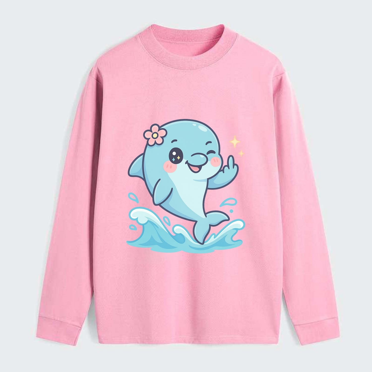 smiling dolphin jumping through ocean waves, one fin up with attitude - Classic Long Sleeve Shirt - Pink