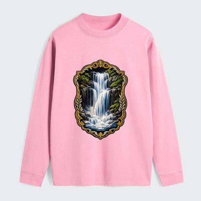 WATERFALL CASCADE - falling water with mist in blue and white , nature - Classic Long Sleeve Shirt - Pink