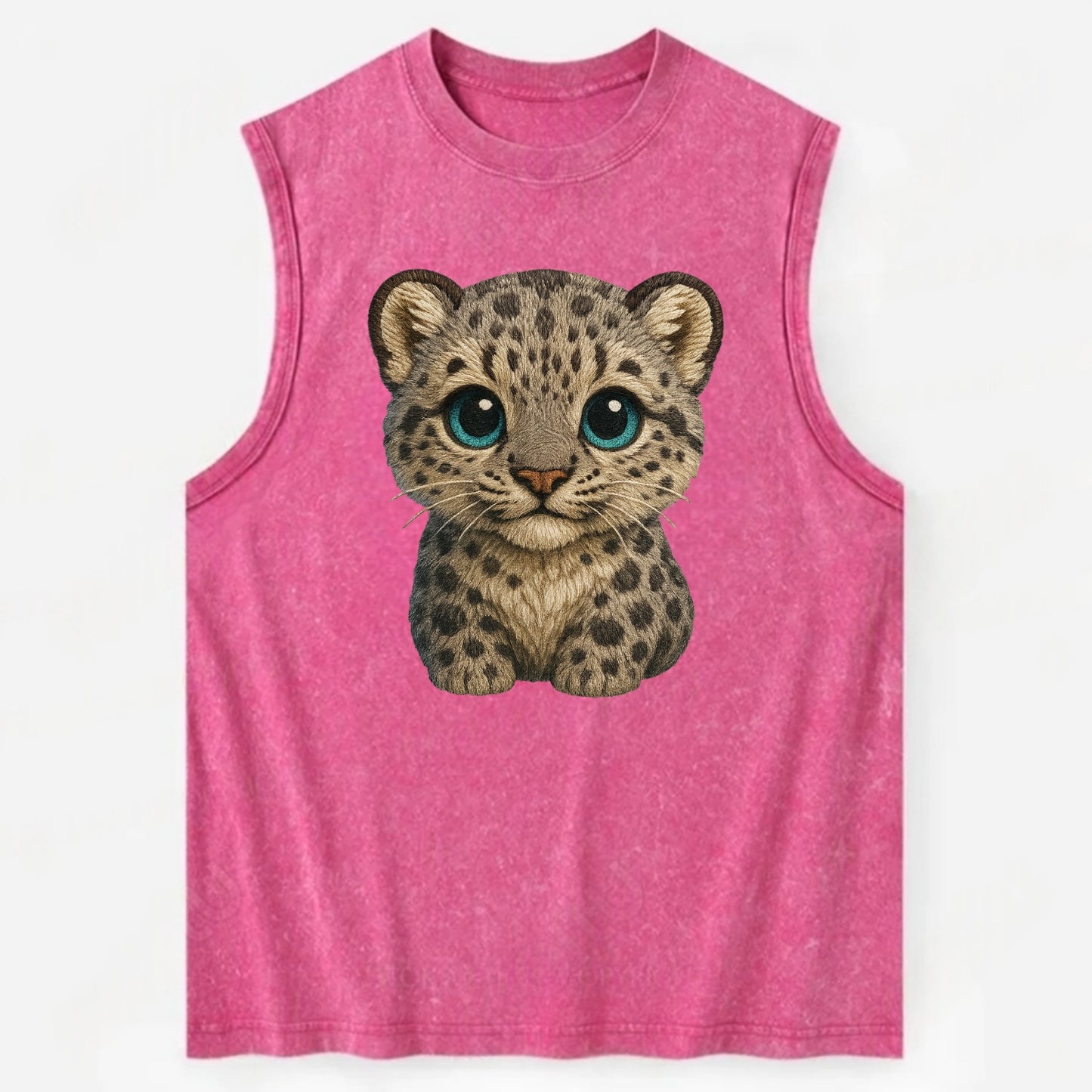Baby Snow Leopard Cub - gray spotted, thick fur, blue-green eyes, - Vintage Washed Tank - Pink
