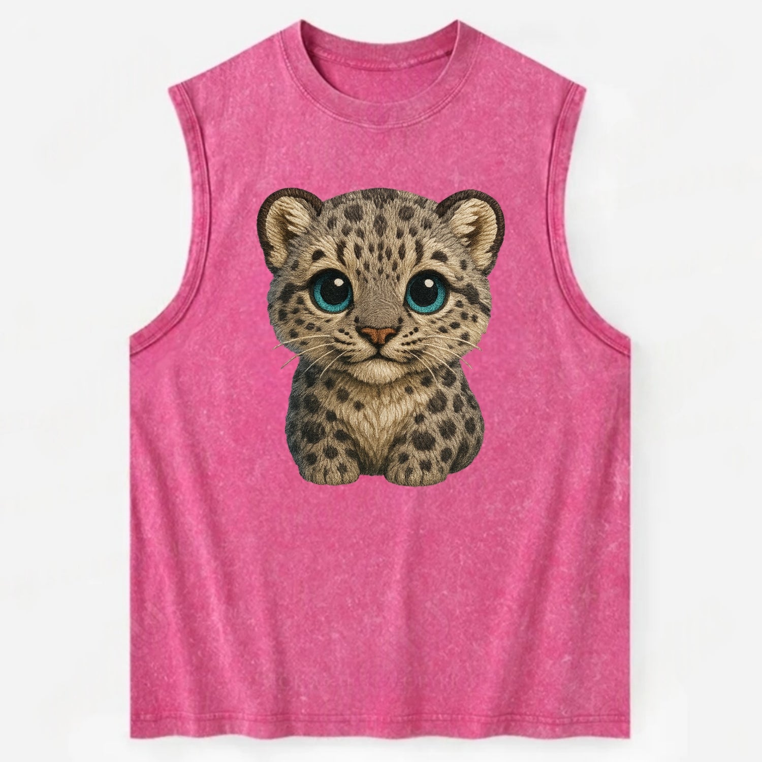 Baby Snow Leopard Cub - gray spotted, thick fur, blue-green eyes, - Vintage Washed Tank - Pink
