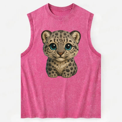 Baby Snow Leopard Cub - gray spotted, thick fur, blue-green eyes, - Vintage Washed Tank - Pink