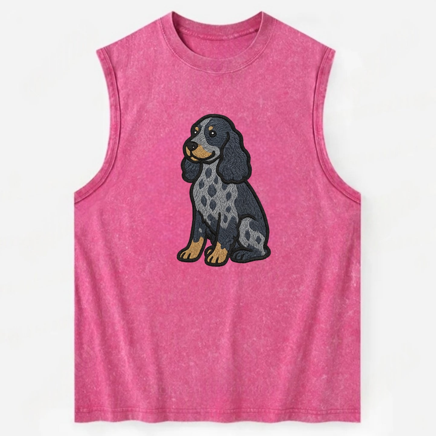 English Cocker Spaniel - Blue roan embroidered sitting pose - Vintage Washed Tank - Pink