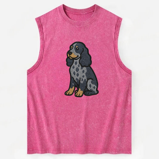 English Cocker Spaniel - Blue roan embroidered sitting pose - Vintage Washed Tank - Pink