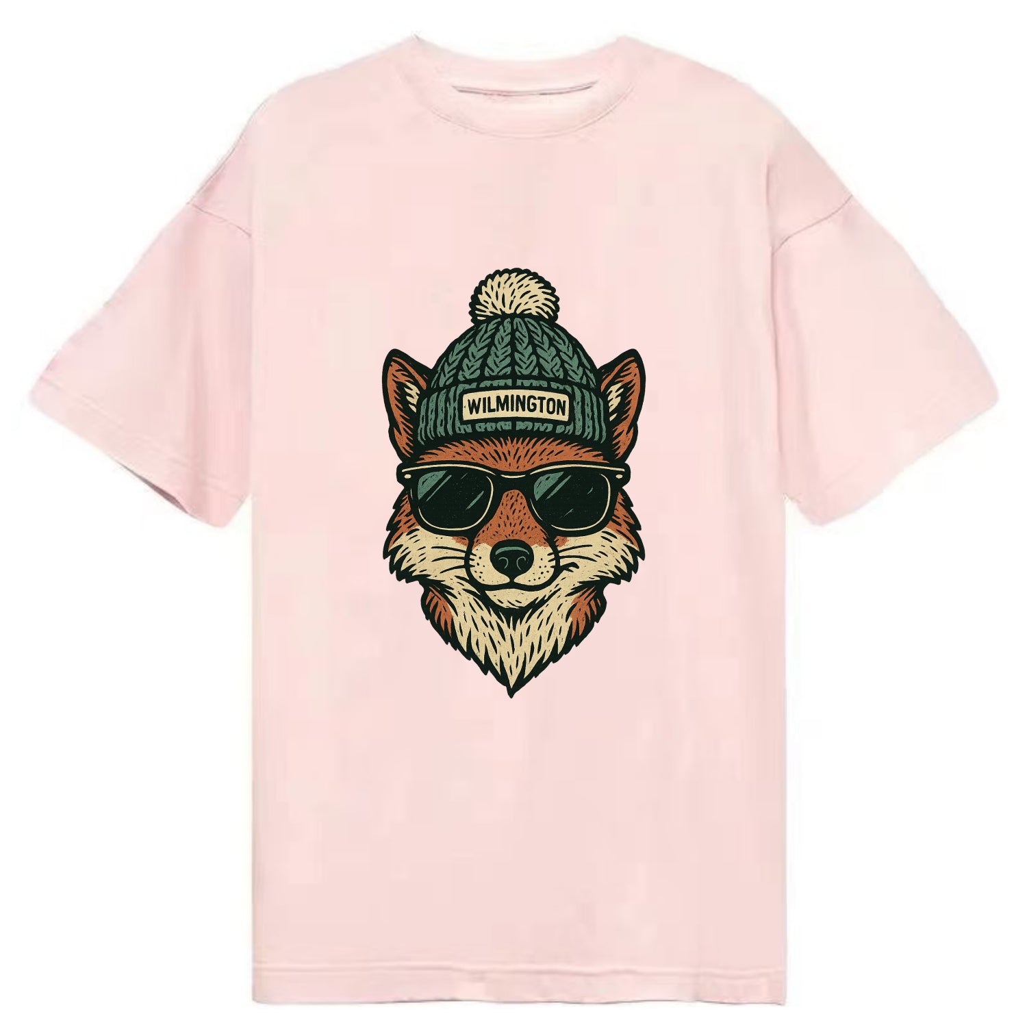 Delaware Gray Fox wearing Wilmington beanie with pom pom and wayfarer sunglasses - Classic T-shirt - Pink