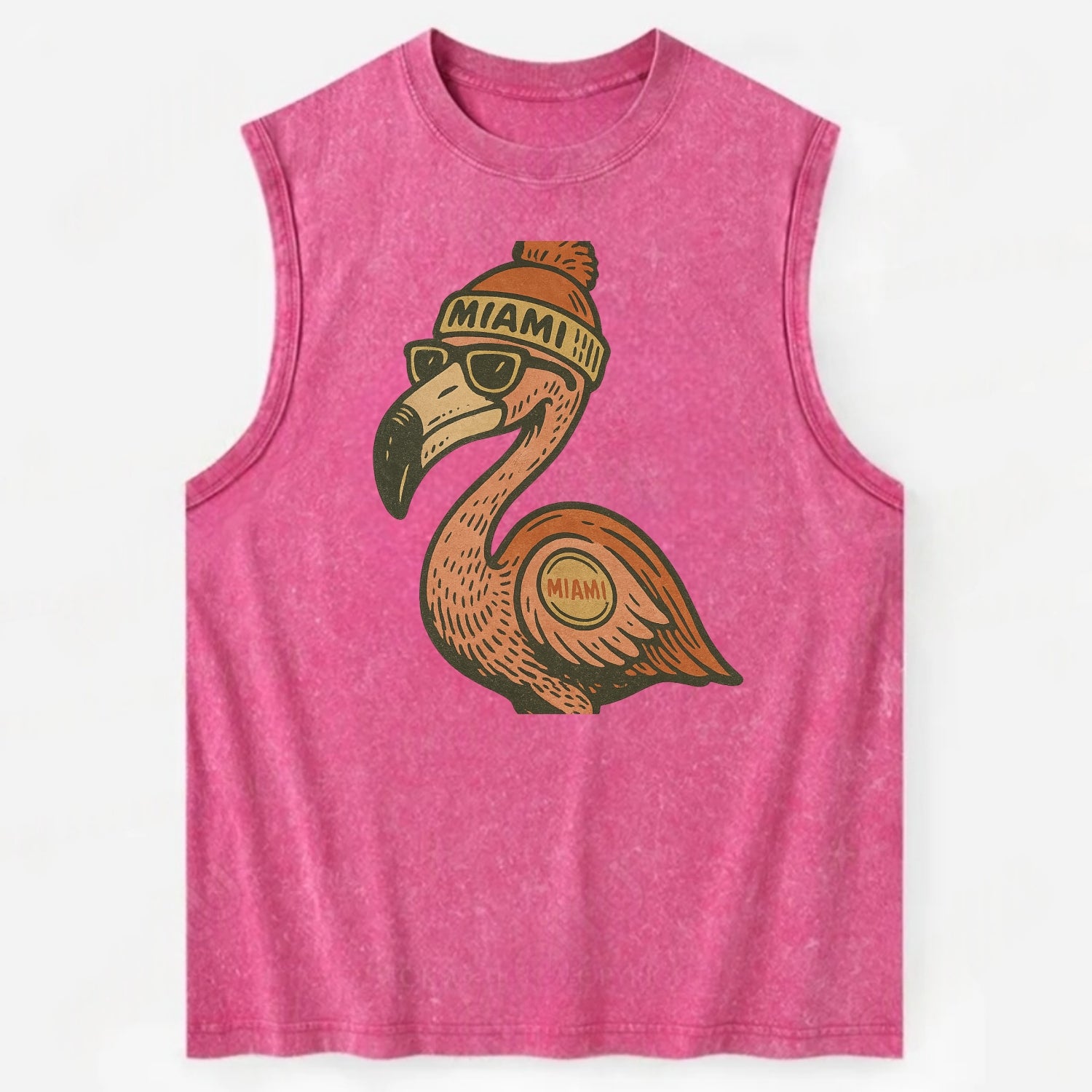 Miami Flamingo wearing Miami beanie with pom pom and wayfarer sunglasses - Vintage Washed Tank - Pink