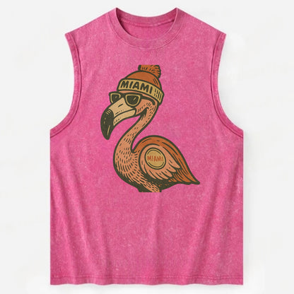 Miami Flamingo wearing Miami beanie with pom pom and wayfarer sunglasses - Vintage Washed Tank - Pink