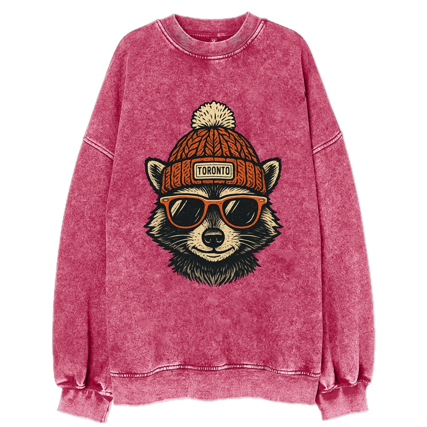Toronto Raccoon wearing Toronto beanie with pom pom and wayfarer sunglasses - Vintage Sweatshirt - Pink