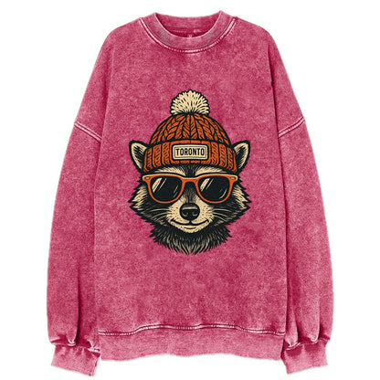 Toronto Raccoon wearing Toronto beanie with pom pom and wayfarer sunglasses - Vintage Sweatshirt - Pink
