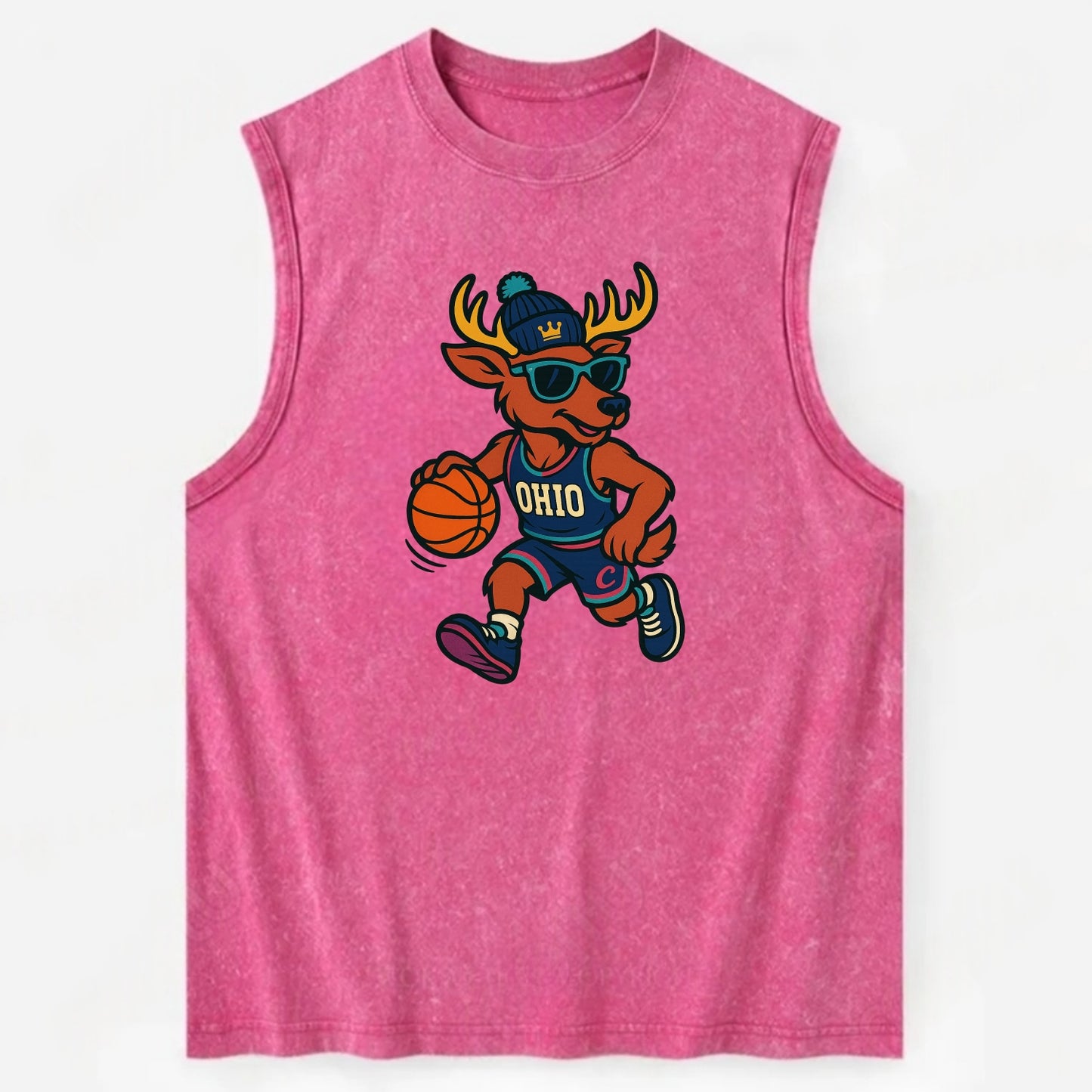 Ohio Deer wearing Cavs beanie with crown patch and wayfarer sunglasses - Vintage Washed Tank - Pink