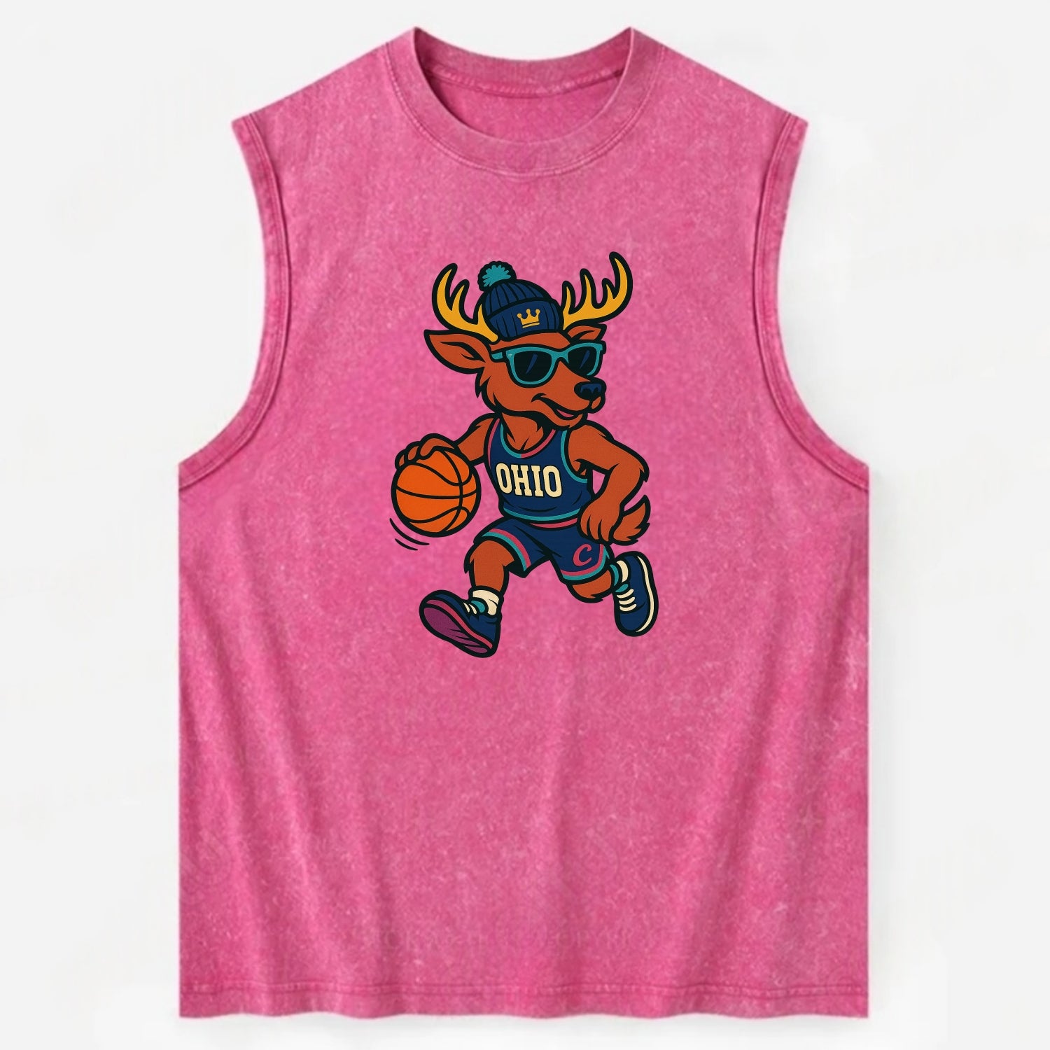 Ohio Deer wearing Cavs beanie with crown patch and wayfarer sunglasses - Vintage Washed Tank - Pink