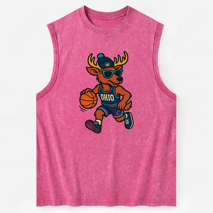 Ohio Deer wearing Cavs beanie with crown patch and wayfarer sunglasses - Vintage Washed Tank - Pink