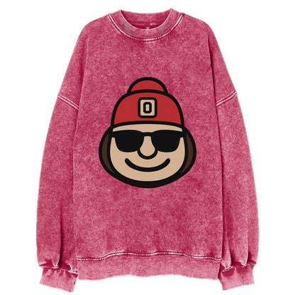 Columbus Brutus wearing Ohio State beanie with Block O patch - Vintage Sweatshirt - Pink