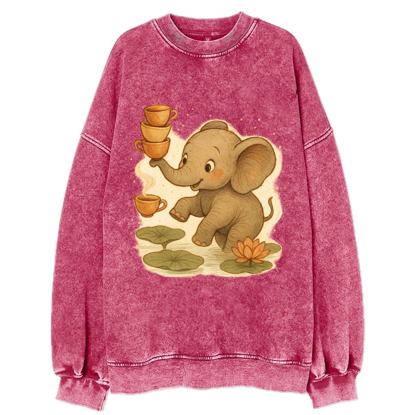 Elephant balancing teacups during a floating tea ceremony beside lotus ponds - Vintage Sweatshirt - Pink
