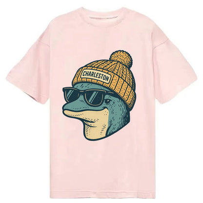Charleston Dolphin wearing Charleston beanie with pom pom and wayfarer sunglasses - Classic T-shirt - Pink
