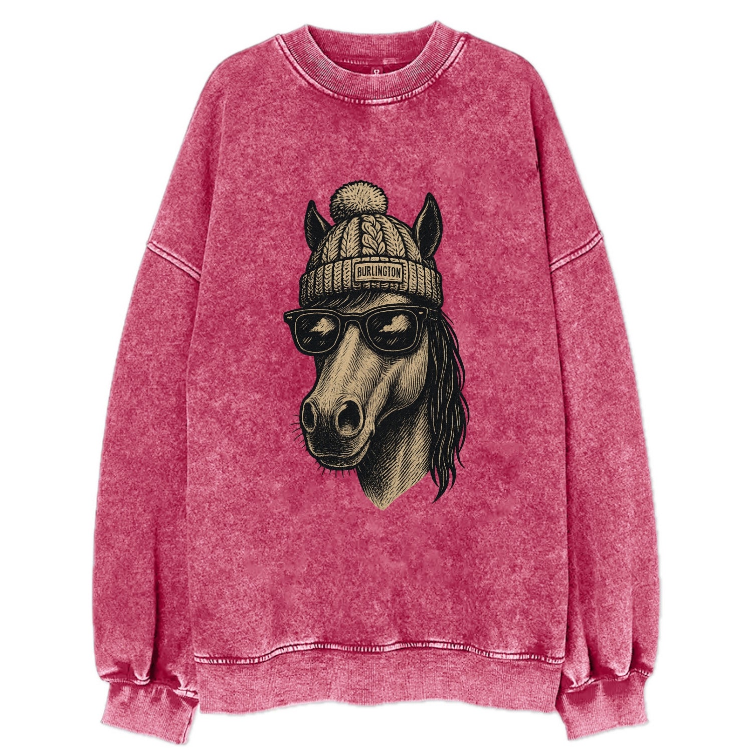 Vermont Morgan Horse wearing Burlington beanie with pom pom and wayfarer - Vintage Sweatshirt - Pink