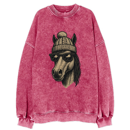 Vermont Morgan Horse wearing Burlington beanie with pom pom and wayfarer - Vintage Sweatshirt - Pink