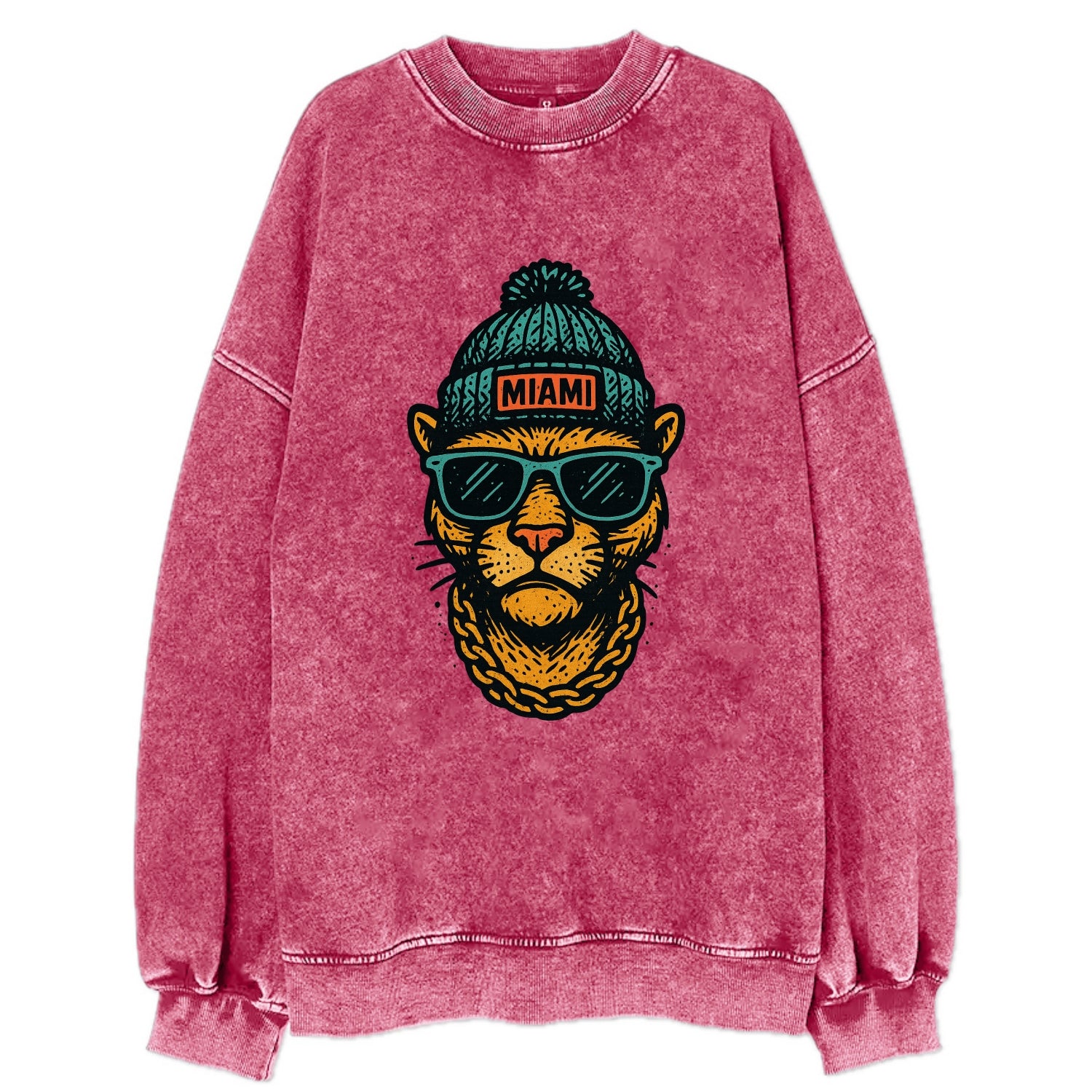 Florida Panther wearing Miami beanie with pom pom and wayfarer sunglasses - Vintage Sweatshirt - Pink