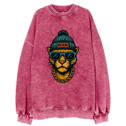 Florida Panther wearing Miami beanie with pom pom and wayfarer sunglasses - Vintage Sweatshirt - Pink