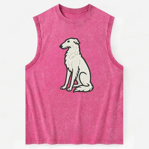 Borzoi - White embroidered sitting pose - Vintage Washed Tank