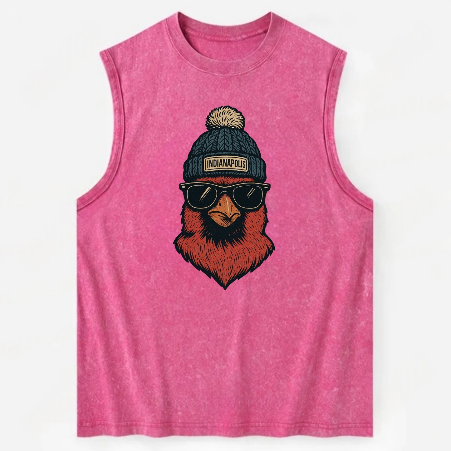 Indiana Cardinal wearing Indianapolis beanie with pom pom and wayfarer - Vintage Washed Tank - Pink
