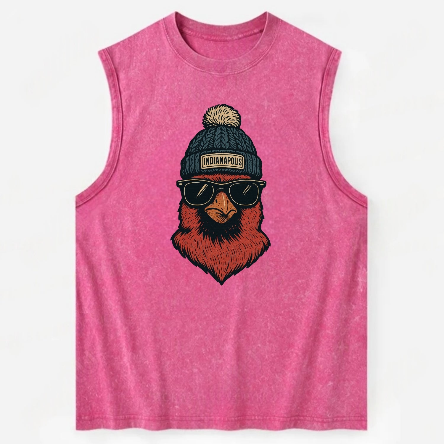 Indiana Cardinal wearing Indianapolis beanie with pom pom and wayfarer - Vintage Washed Tank - Pink