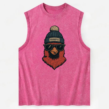 Indiana Cardinal wearing Indianapolis beanie with pom pom and wayfarer - Vintage Washed Tank - Pink