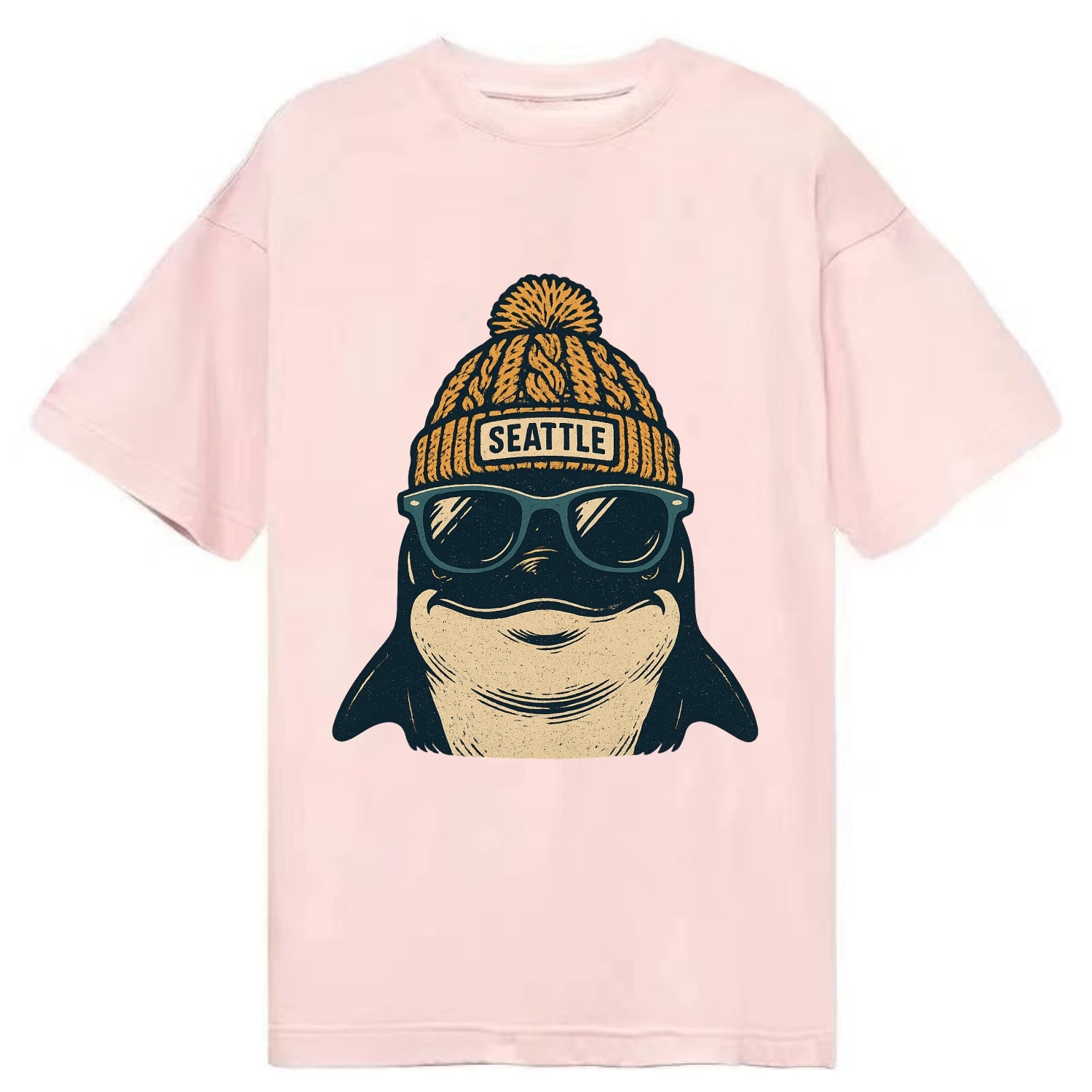 Seattle Orca wearing Seattle beanie with pom pom and wayfarer sunglasses - Classic T-shirt - Pink