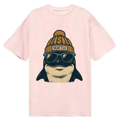 Seattle Orca wearing Seattle beanie with pom pom and wayfarer sunglasses - Classic T-shirt - Pink