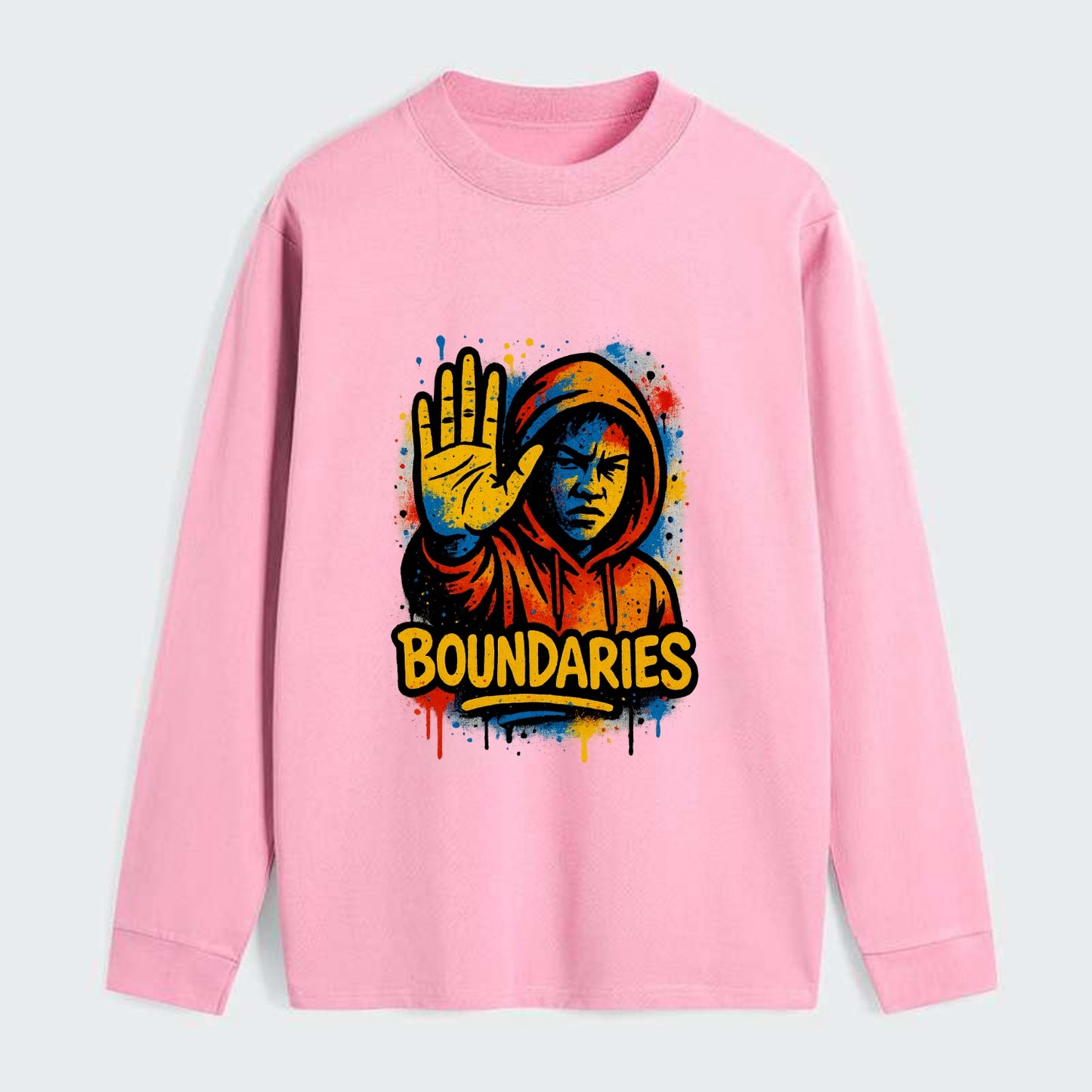 Person holding up hand in "stop" gesture - setting boundaries concept, - Classic Long Sleeve Shirt - Pink
