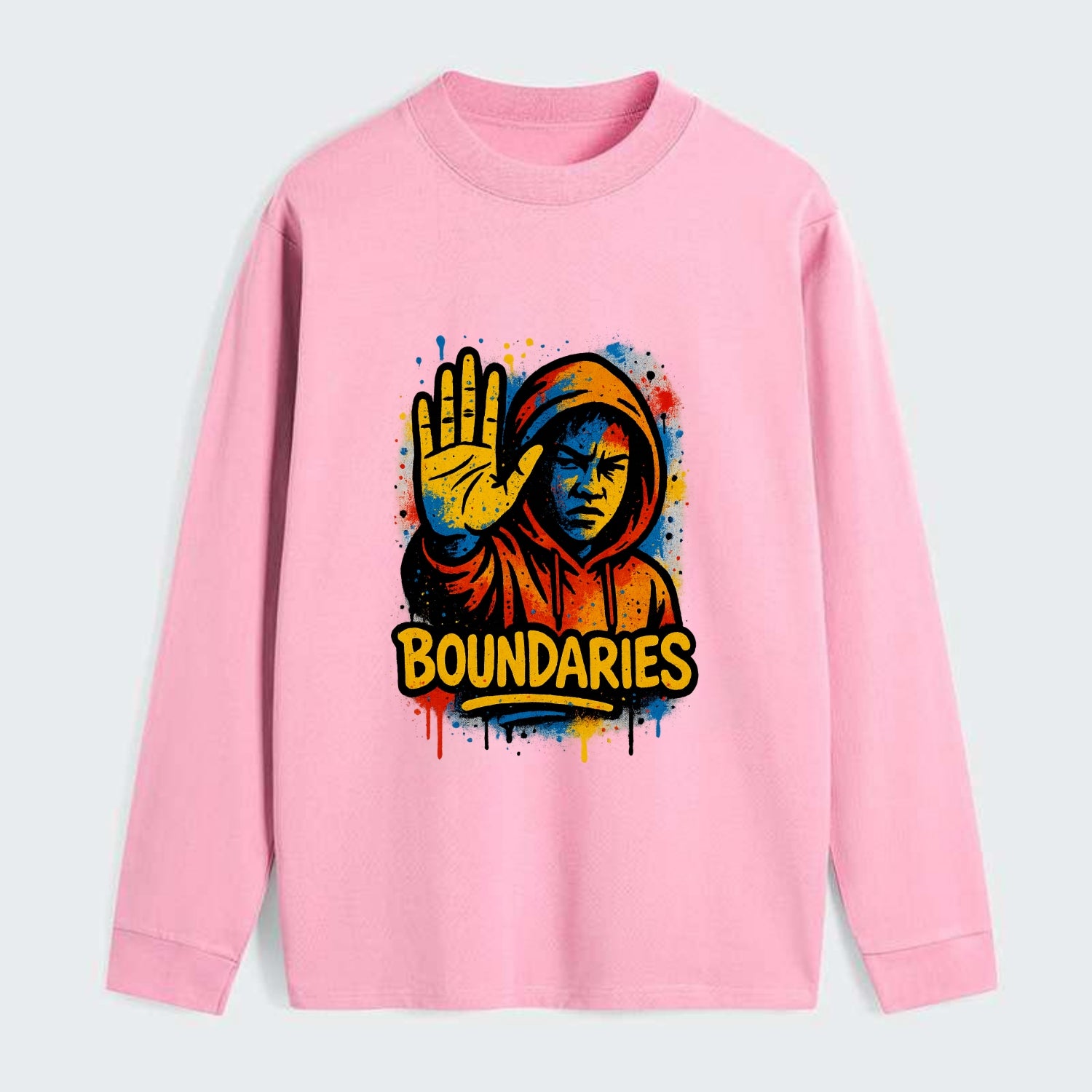 Person holding up hand in "stop" gesture - setting boundaries concept, - Classic Long Sleeve Shirt - Pink