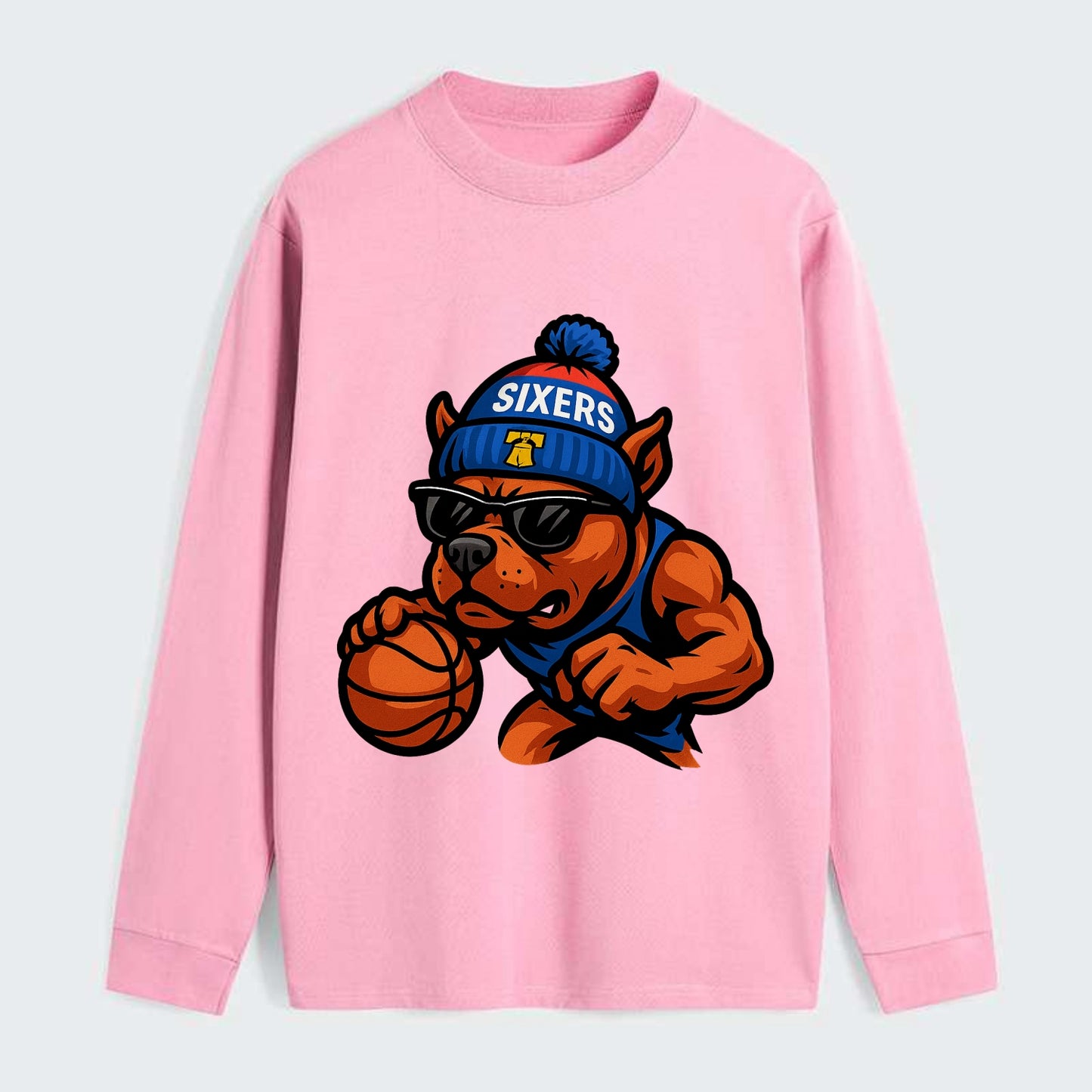 Philly Pitbull wearing Sixers beanie with Liberty Bell and wayfarer - Classic Long Sleeve Shirt - Pink