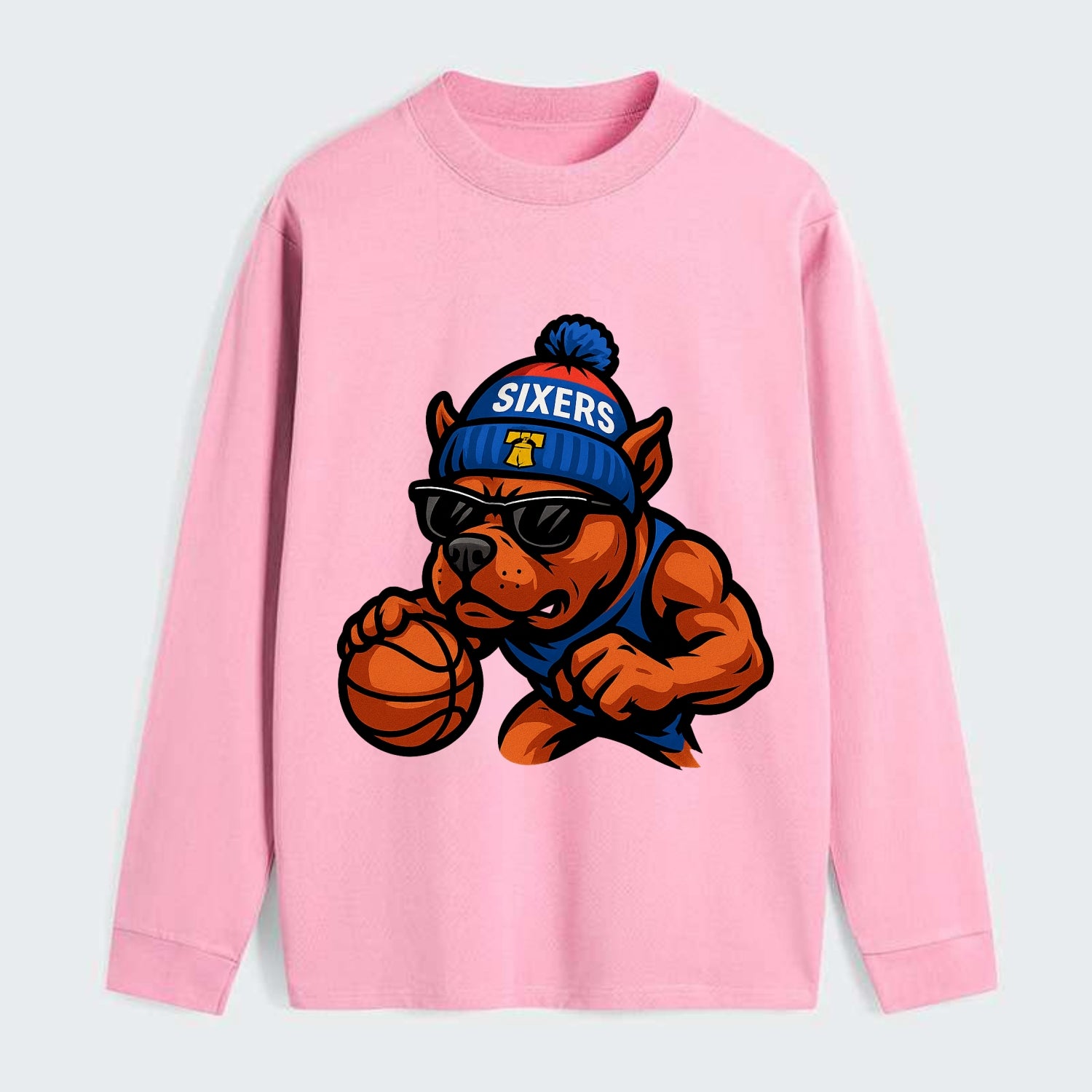 Philly Pitbull wearing Sixers beanie with Liberty Bell and wayfarer - Classic Long Sleeve Shirt - Pink