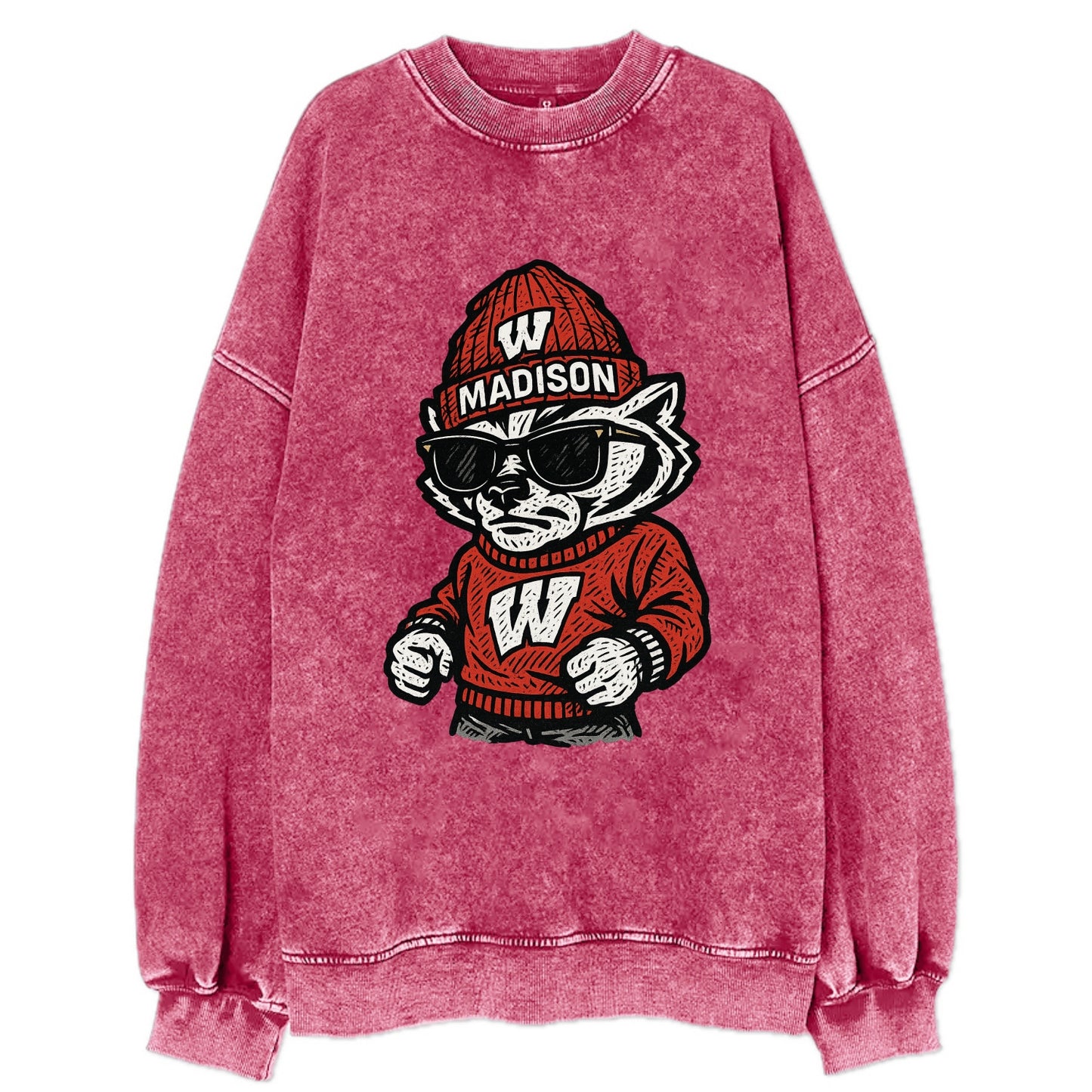 Madison Badger wearing Wisconsin beanie with motion W patch - Vintage Sweatshirt - Pink