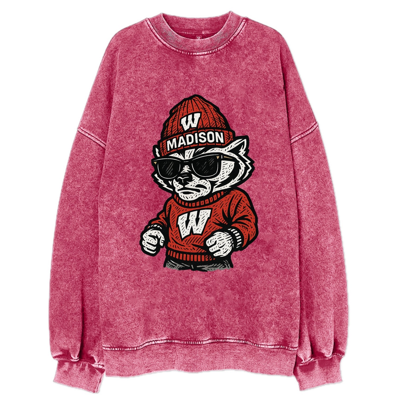 Madison Badger wearing Wisconsin beanie with motion W patch - Vintage Sweatshirt - Pink