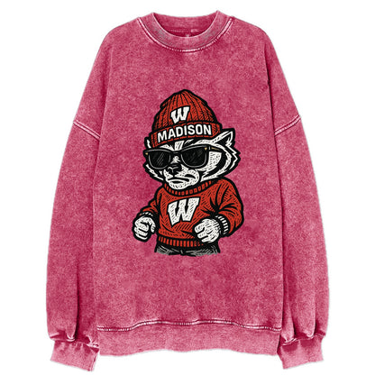 Madison Badger wearing Wisconsin beanie with motion W patch - Vintage Sweatshirt - Pink