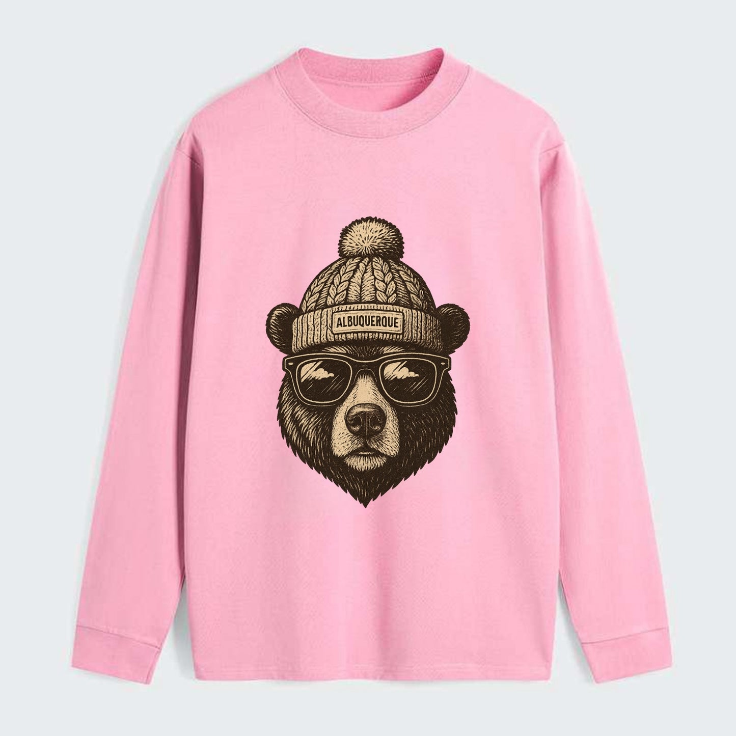 New Mexico Black Bear wearing Albuquerque beanie with pom pom and - Classic Long Sleeve Shirt - Pink