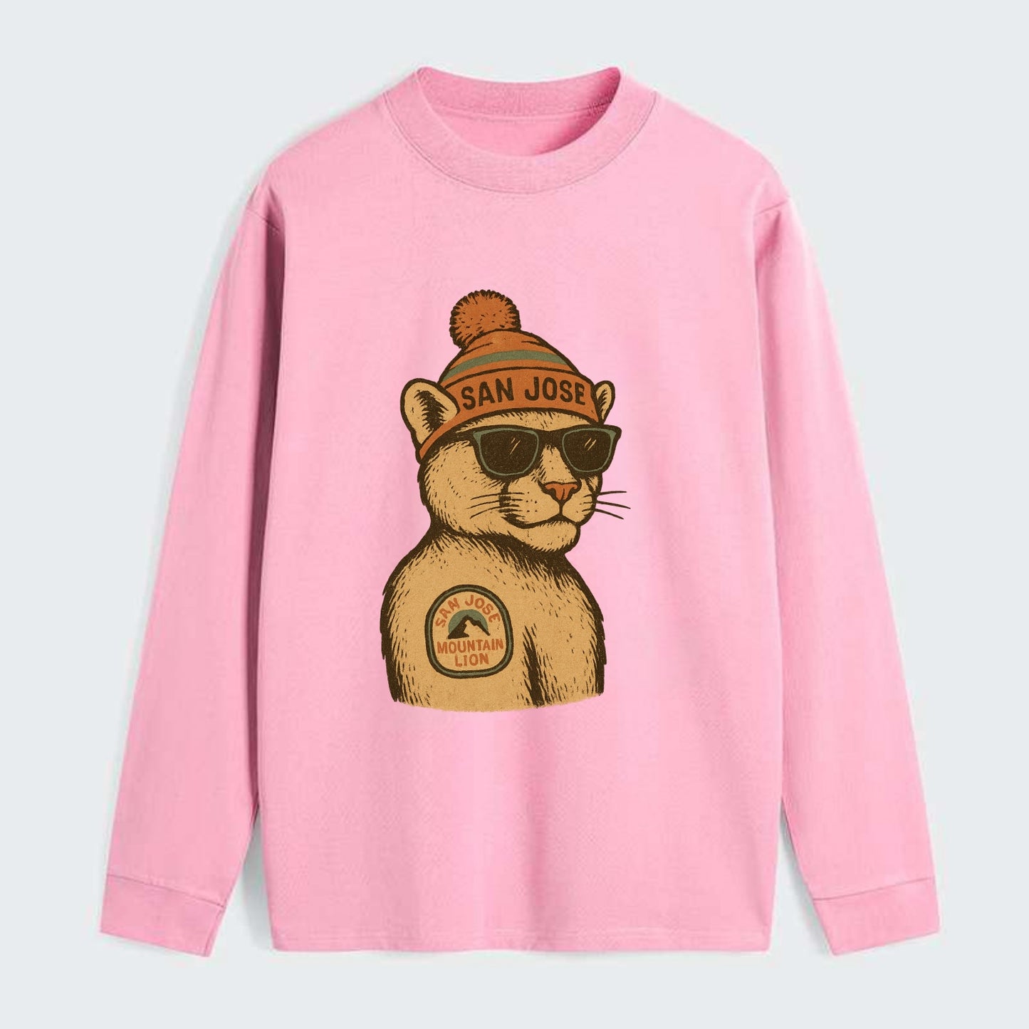 San Jose Mountain Lion wearing San Jose beanie with pom pom and - Classic Long Sleeve Shirt - Pink