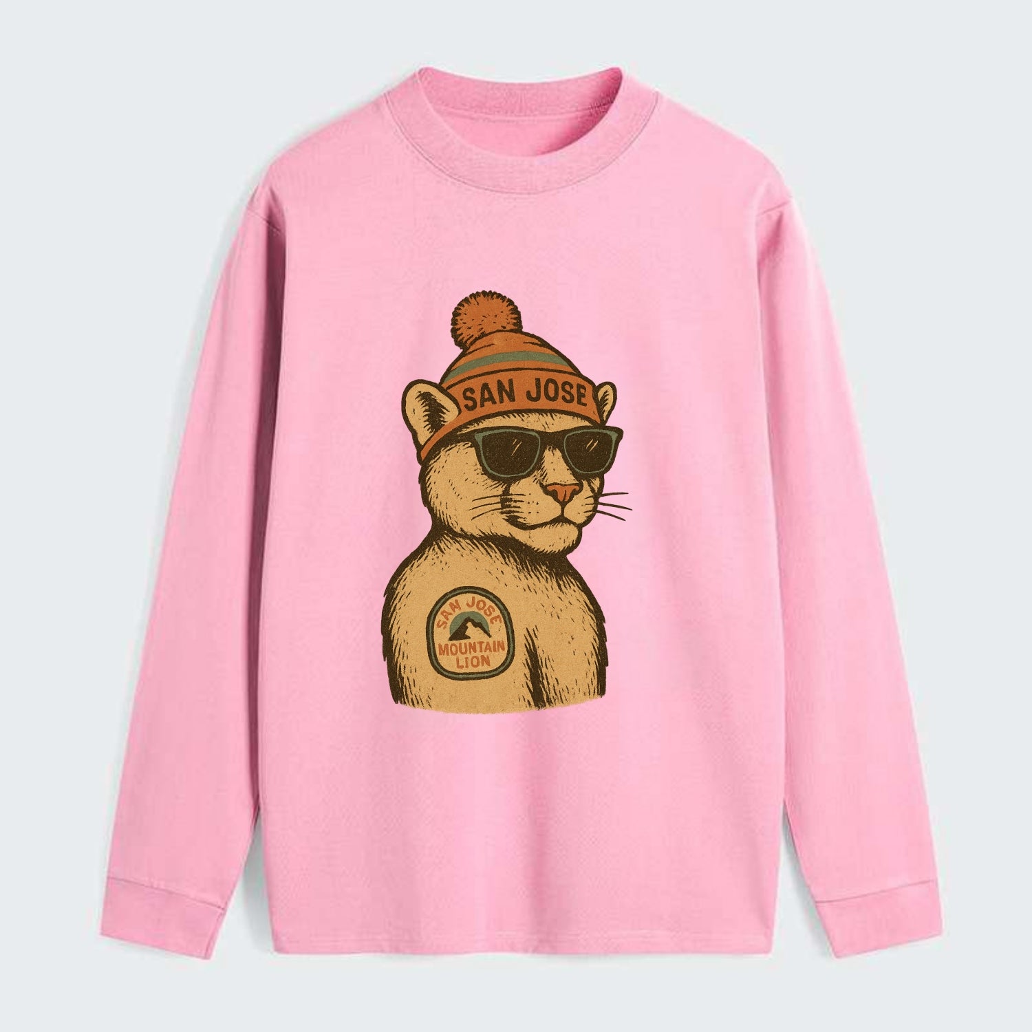 San Jose Mountain Lion wearing San Jose beanie with pom pom and - Classic Long Sleeve Shirt - Pink