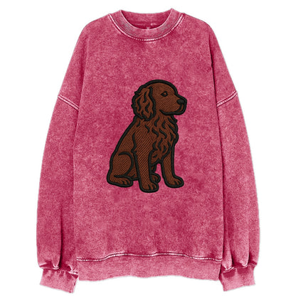 Boykin Spaniel - Rich chocolate brown wavy coat embroidered sitting pose - Vintage Sweatshirt - Pink