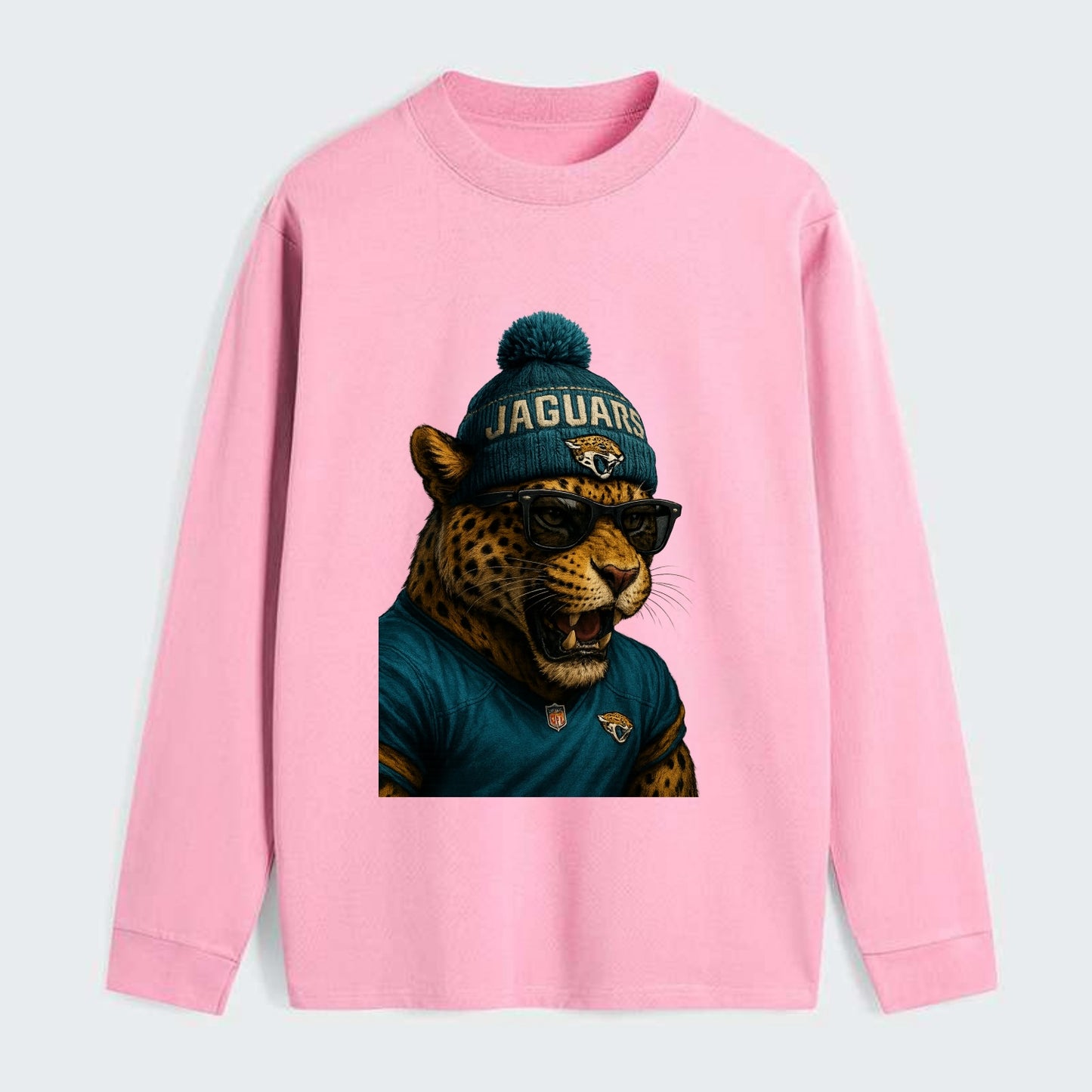 Jacksonville Jaguar wearing Jaguars teal and gold beanie with pom pom - Classic Long Sleeve Shirt - Pink