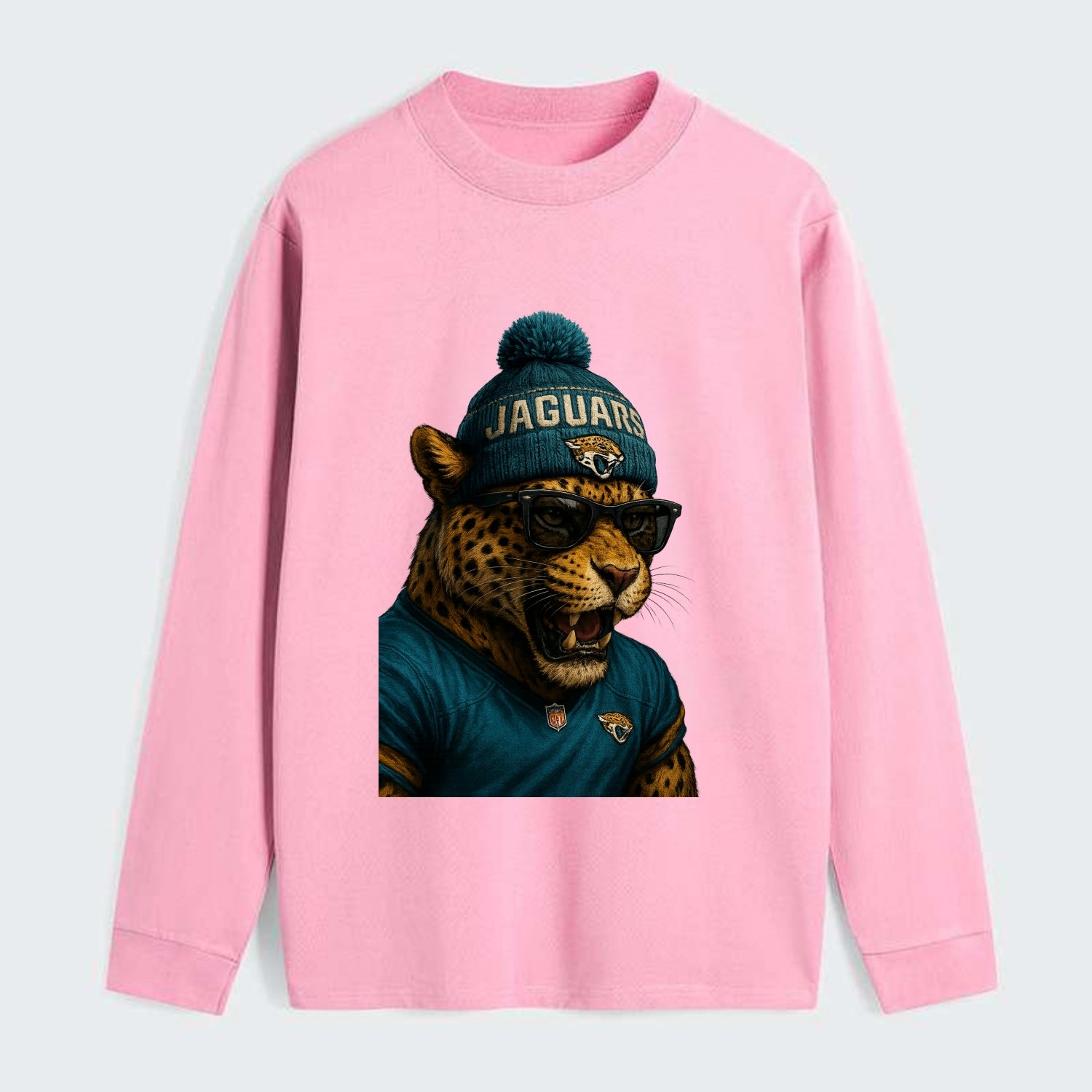Jacksonville Jaguar wearing Jaguars teal and gold beanie with pom pom - Classic Long Sleeve Shirt - Pink