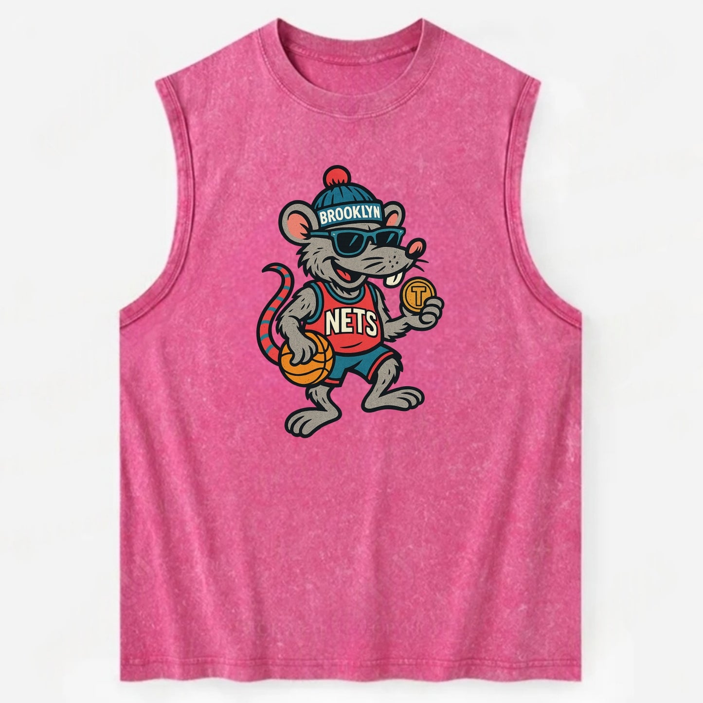 Brooklyn Rat wearing Nets beanie with subway token and wayfarer sunglasses - Vintage Washed Tank - Pink