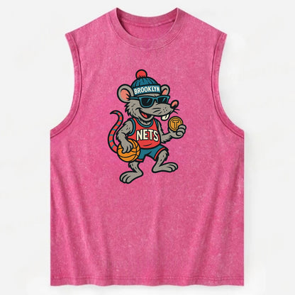 Brooklyn Rat wearing Nets beanie with subway token and wayfarer sunglasses - Vintage Washed Tank - Pink