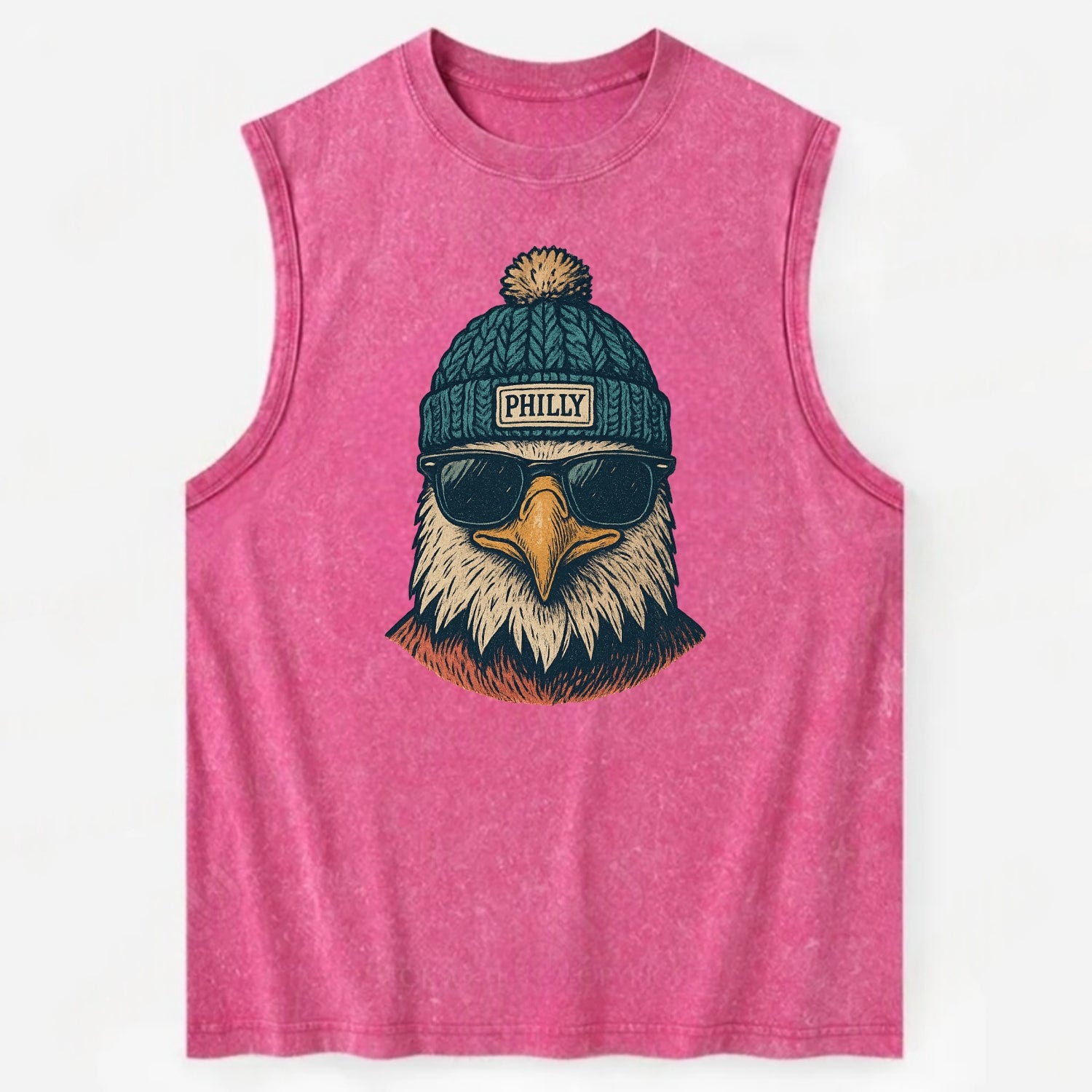 Philadelphia Eagle wearing Philly beanie with pom pom and wayfarer sunglasses - Vintage Washed Tank - Pink