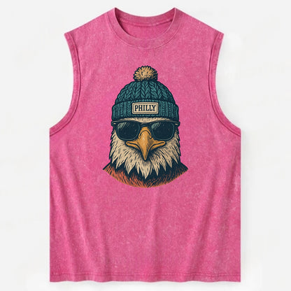 Philadelphia Eagle wearing Philly beanie with pom pom and wayfarer sunglasses - Vintage Washed Tank - Pink