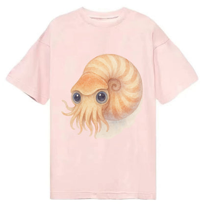 Baby Nautilus - spiral shell, tentacles peeking, ancient eyes, front-facing, - Classic T-shirt - Pink