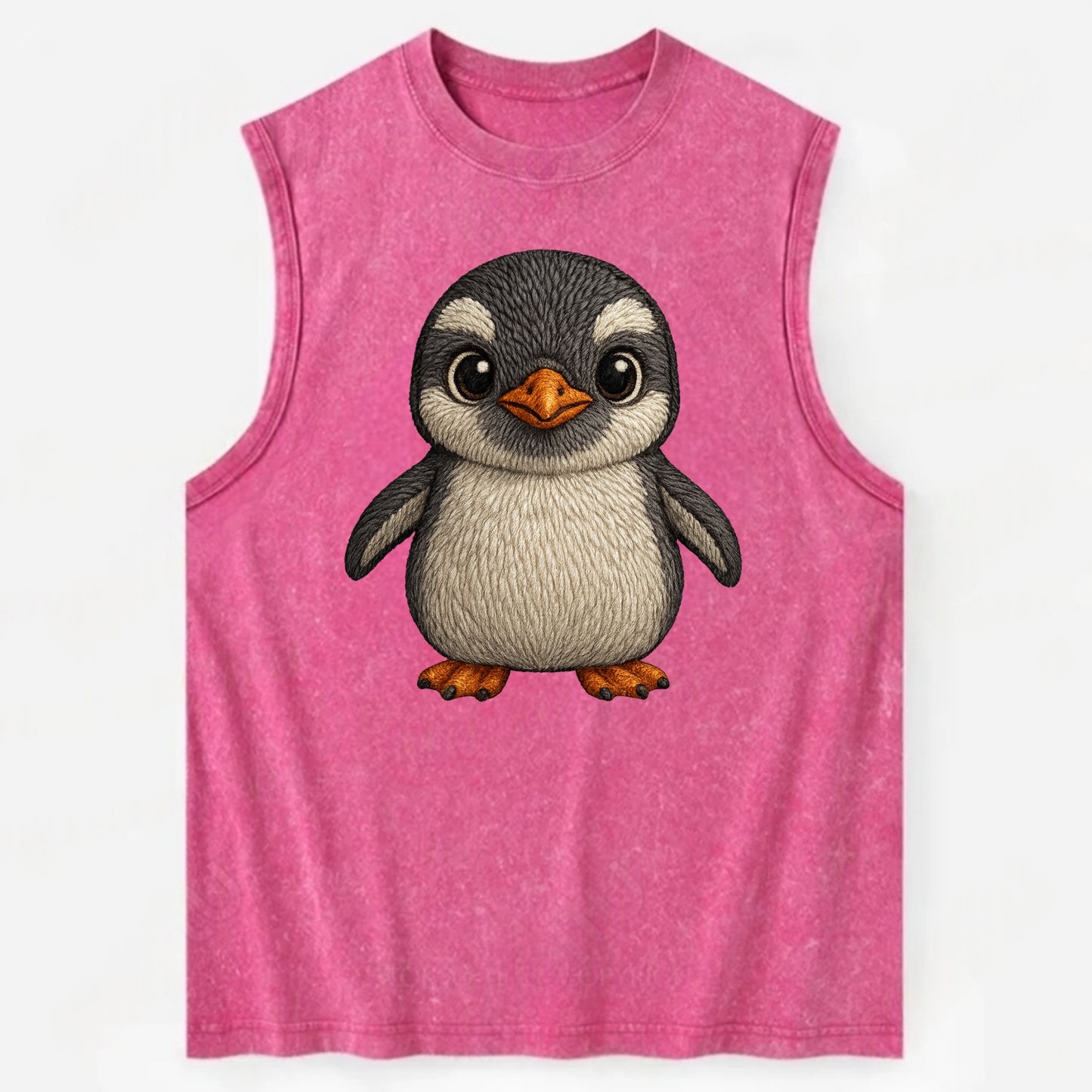 Baby Gentoo Penguin - orange beak, white cap, bright eyes, front-facing, - Vintage Washed Tank - Pink