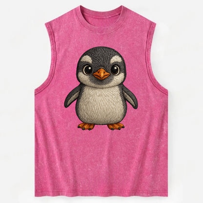 Baby Gentoo Penguin - orange beak, white cap, bright eyes, front-facing, - Vintage Washed Tank - Pink