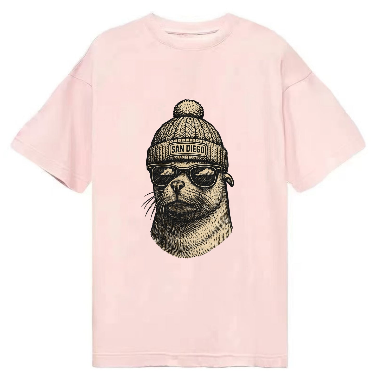 San Diego Sea Lion wearing San Diego beanie with pom pom and wayfarer sunglasses - Classic T-shirt - Pink